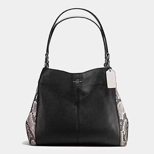 Coach Black Pebbled Leather Snake Trim Tote F57505 Shoulder Bag Python Accent 🖤🐍
